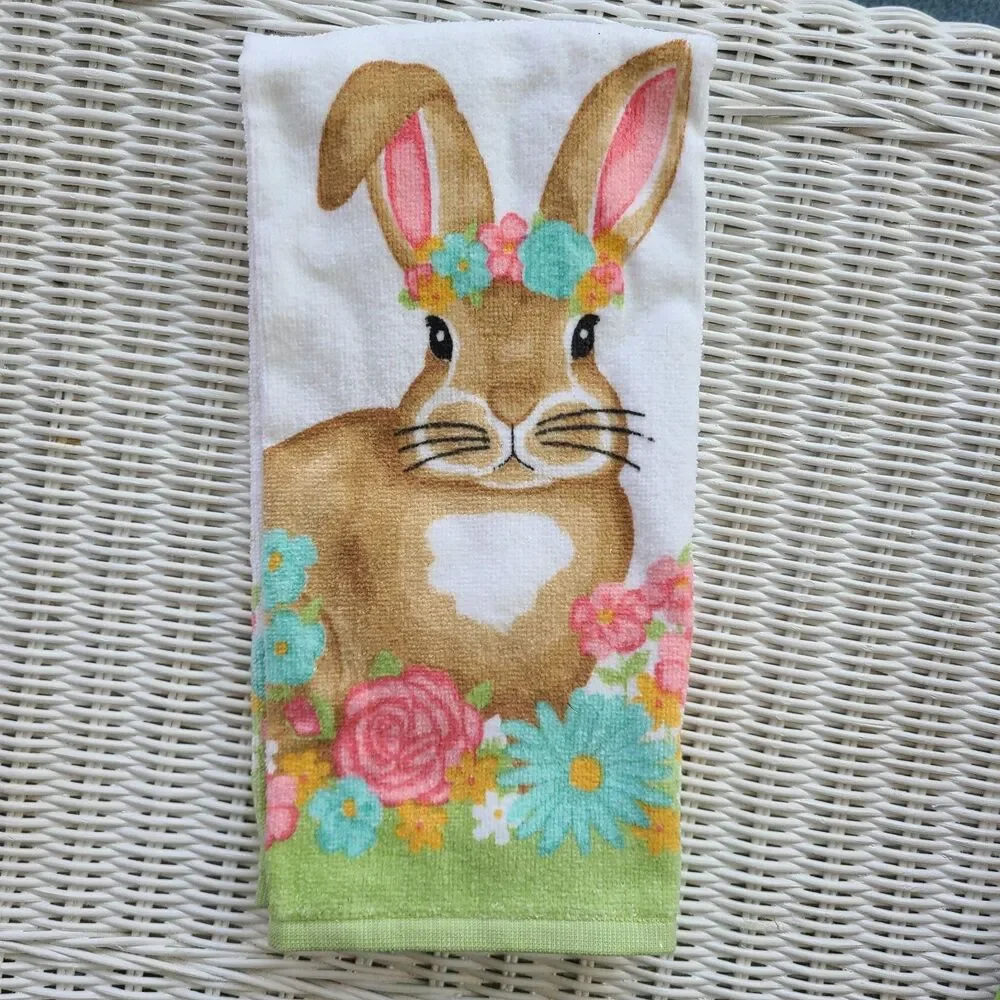 Set of Five Easter Bunny and Spring Floral Terrycloth Kitchen Towels 100% Cotton